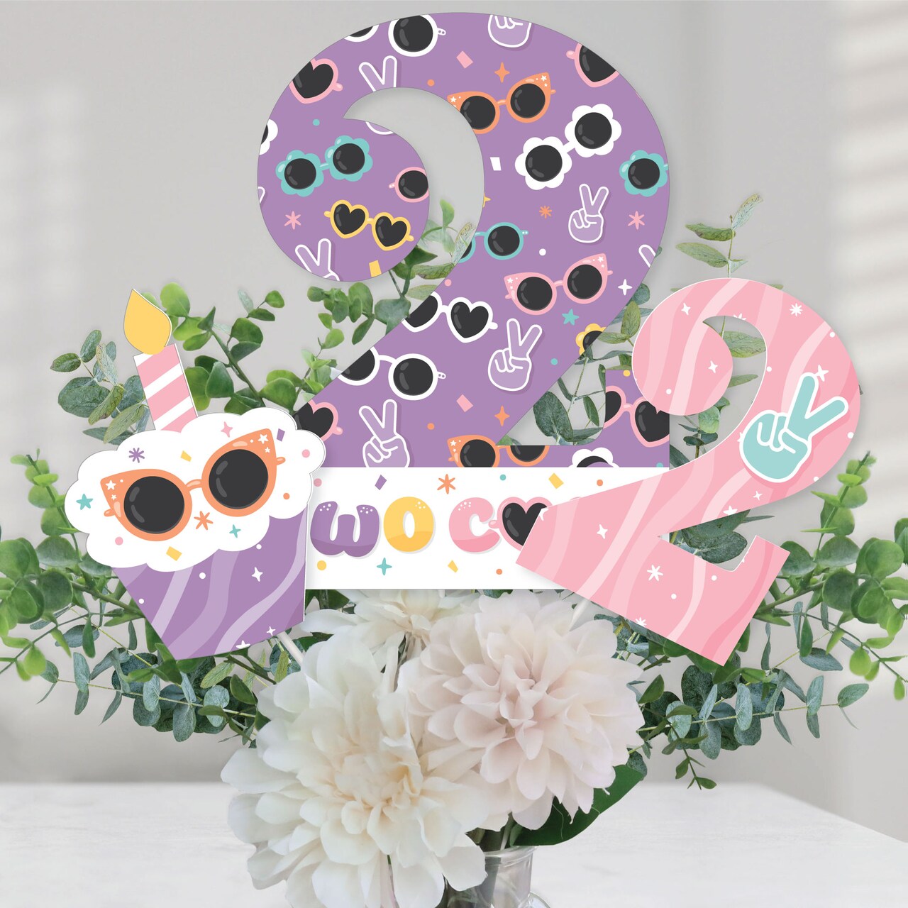 Big Dot of Happiness Two Cool - Girl - Pastel 2nd Birthday Party Centerpiece Sticks - Table Toppers - Set of 15